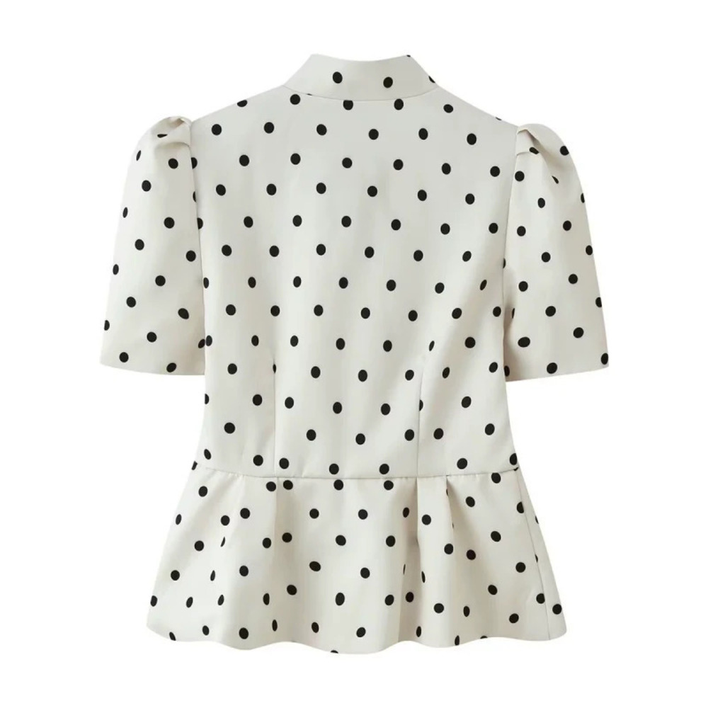 ZARA Polka Dot Stand Collar Puff Sleeve Flared Hem Fitted Waist Jacket